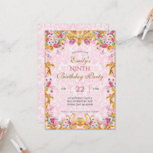 Roze Pastel Goud Negende Barok Rococo Verjaardag Kaart