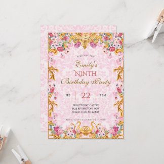 Roze Pastel Goud Negende Barok Rococo Verjaardag Kaart