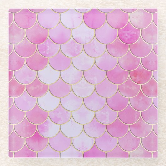 Roze Pastel & Goud Shimmer Zeemeermin Schaal Patro Glazen Onderzetter (Voorkant)