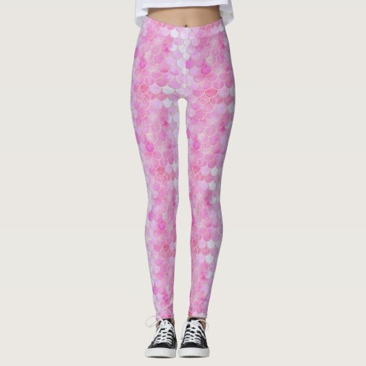 Roze Pastel & Goud Shimmer Zeemeermin Schaal Patro Leggings (Voorkant)