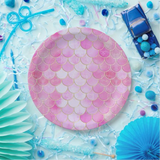 Roze Pastel & Goud Shimmer Zeemeermin Schaal Patro Papieren Bordje (Feest)