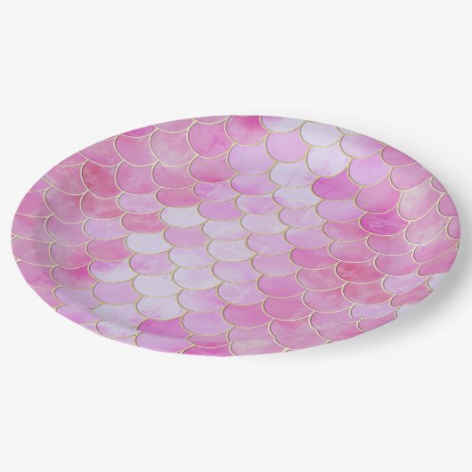 Roze Pastel & Goud Shimmer Zeemeermin Schaal Patro Papieren Bordje (Gekanteld)
