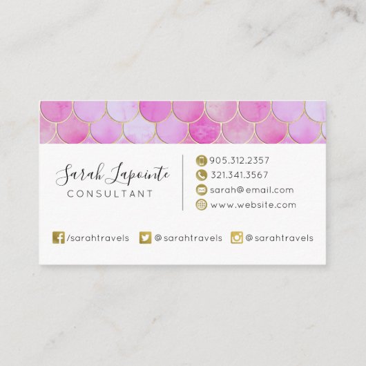 Roze Pastel & Goud Shimmer Zeemeermin Schaal Patro Visitekaartje (Achterkant)