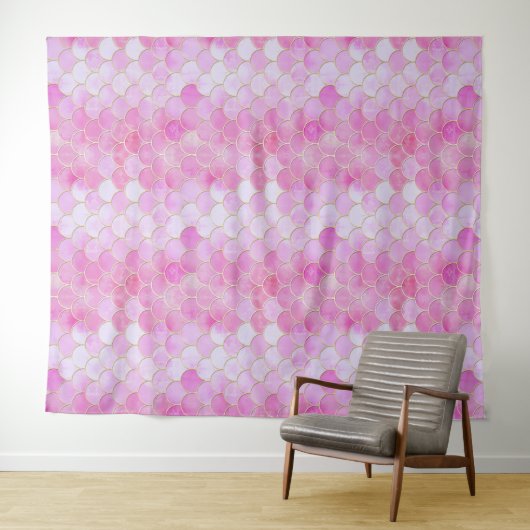 Roze Pastel & Goud Shimmer Zeemeermin Schaal Patro Wandkleed (In Situ (horizontaal))