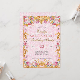 Roze Pastel Goud Sweet Sixteen Rococo Verjaardag Kaart