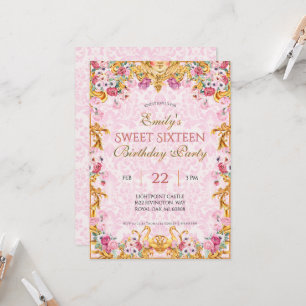 Roze Pastel Goud Sweet Sixteen Rococo Verjaardag Kaart