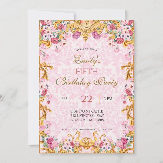 Roze Pastel Goud Vijfde Barokke Rococo Verjaardag Kaart (Voorkant)