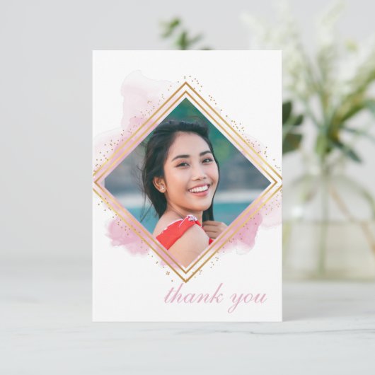 Roze Pastel & Gouden Diamant Afstudeer Bedankt Bin Kaart (Staand voorkant)