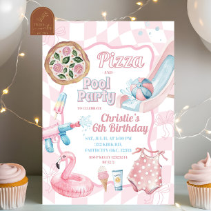 Roze Pastel Groovy Pizza en zwembad Zomer Verjaard Kaart
