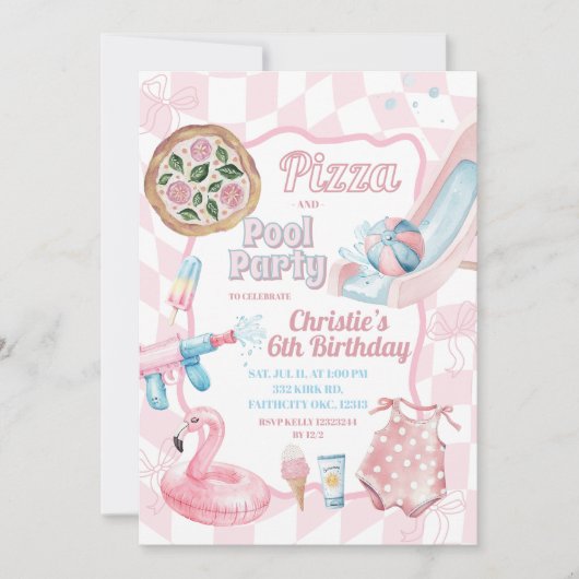 Roze Pastel Groovy Pizza en zwembad Zomer Verjaard Kaart (Voorkant)