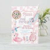 Roze Pastel Groovy Pizza en zwembad Zomer Verjaard Kaart (Staand voorkant)