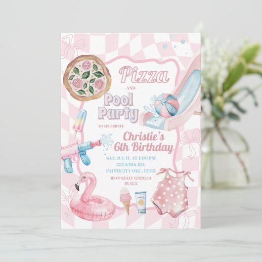 Roze Pastel Groovy Pizza en zwembad Zomer Verjaard Kaart (Staand voorkant)