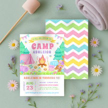 Roze Pastel Kampeer Verjaardagsuitnodiging