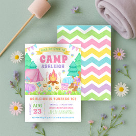 Roze Pastel Kampeer Verjaardagsuitnodiging Kaart