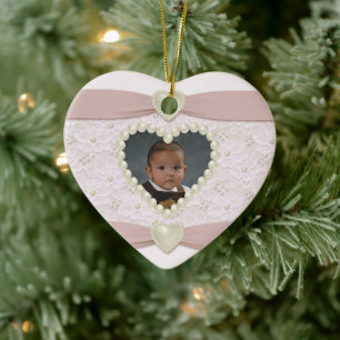 Roze Pastel Kant Parel Baby Foto Ornament