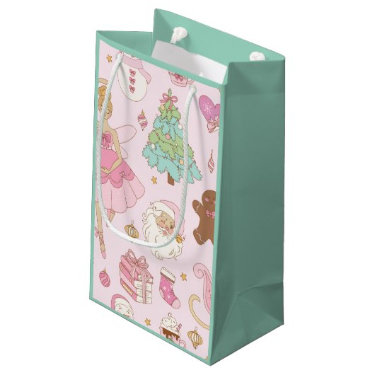 Roze Pastel Kerstballerina en Kerstman  Klein Cadeauzakje (Achterkant Gekanteld)