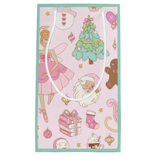 Roze Pastel Kerstballerina en Kerstman  Klein Cadeauzakje (Voorkant)