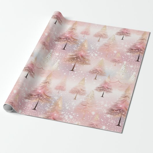 Roze Pastel Kerstboom Cadeaupapier (Uitgerold)