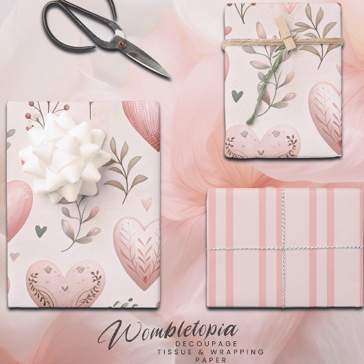 Roze Pastel Liefde Harten en Bloemen Waterverf Inpakpapier Vel