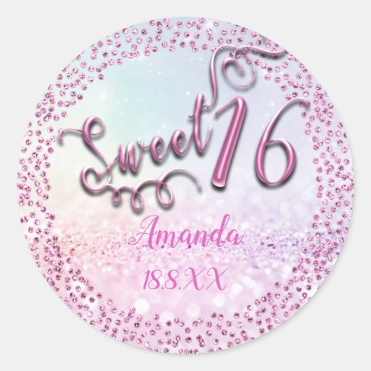 Roze Pastel Ombre Sweet 16e ronde Glitter Sparky Sticker (Voorkant)