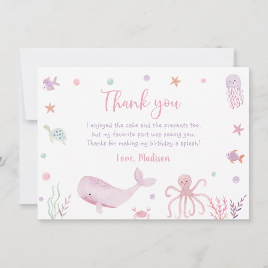 Roze Pastel Onder het Zee Verjaardag Bedankkaart (Voorkant)
