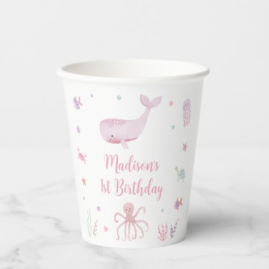 Roze Pastel Onder het Zee Verjaardag Papieren Bekers (Voorkant)