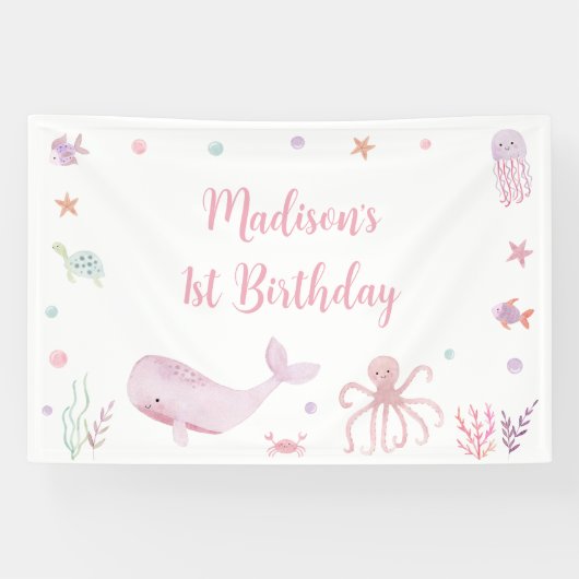 Roze Pastel Onder het Zee Verjaardag Spandoek (Horizontaal)