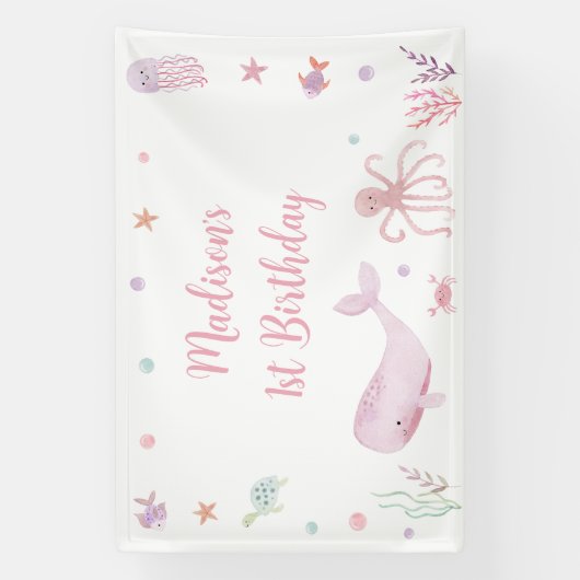 Roze Pastel Onder het Zee Verjaardag Spandoek (Verticaal)