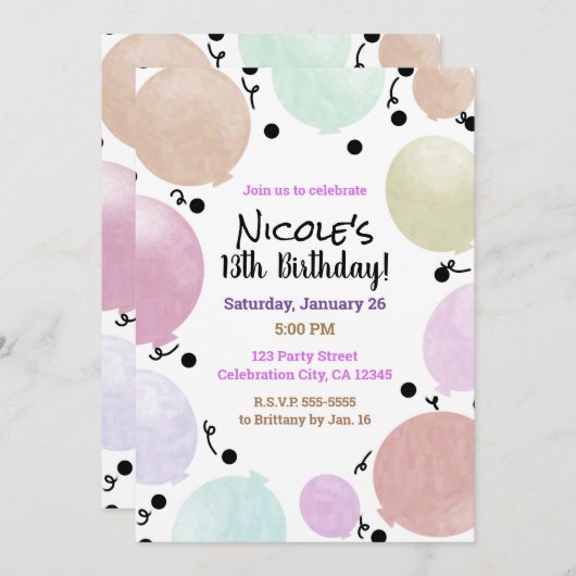 Roze Pastel Party Ballonnen Verjaardagsviering Kaart (Voorkant / Achterkant)