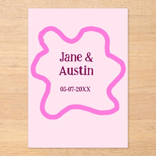 Roze pastel retro bruiloft grens lijst naam datum acryl uitnodigingen (Voorkant)