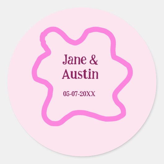 Roze pastel retro trouwgrens frame naam datum ronde sticker (Voorkant)