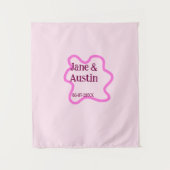 Roze pastel retro trouwgrens frame naam datum wandkleed (Voorkant)