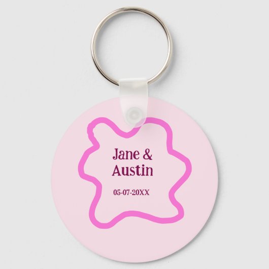 Roze pastel retro trouwrand frame naam datum sleutelhanger (Voorkant)