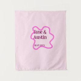 Roze pastel retro trouwrand frame naam datum wandkleed