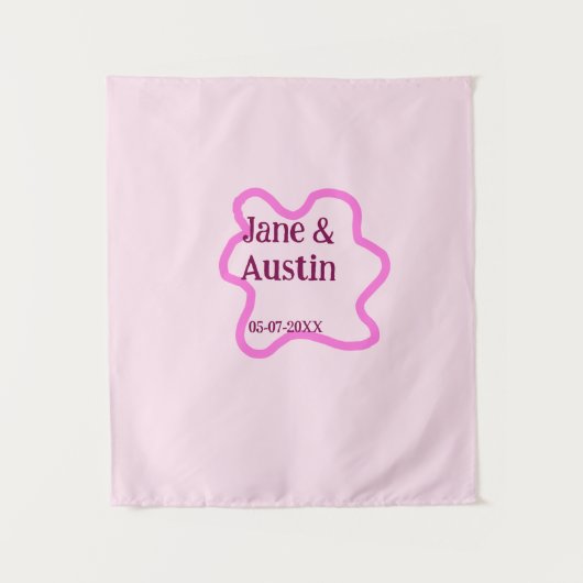 Roze pastel retro trouwrand frame naam datum wandkleed (Voorkant)