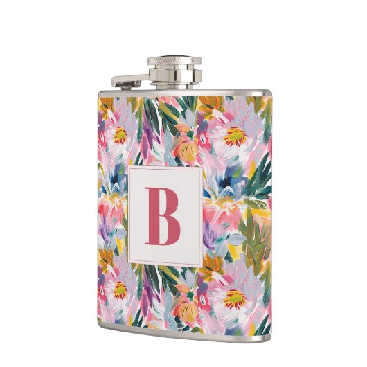 Roze Pastel Roze Abstract Bloem Bruiloft Monogram Heupfles (Links)