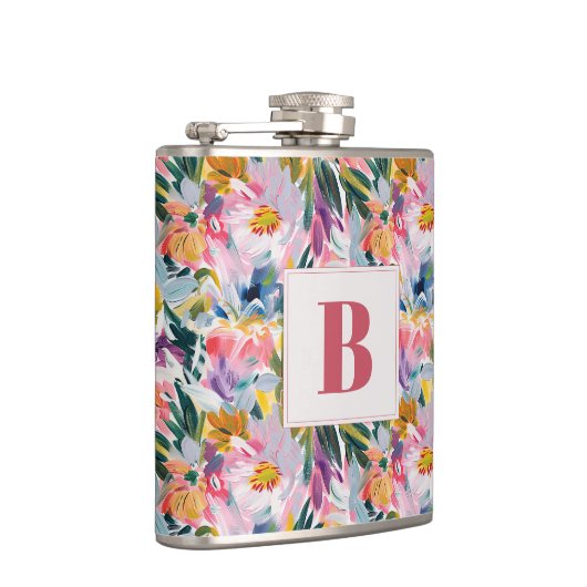 Roze Pastel Roze Abstract Bloem Bruiloft Monogram Heupfles (Rechts)