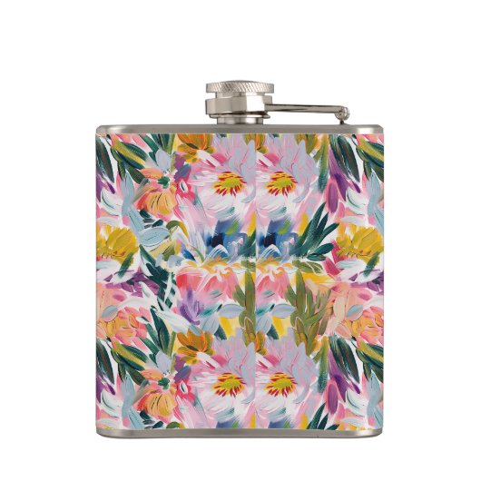 Roze Pastel Roze Abstract Bloem Bruiloft Monogram Heupfles (Achterkant)