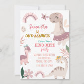 Roze Pastel Schattige Dino Eerste Verjaardag Party Kaart (Voorkant)