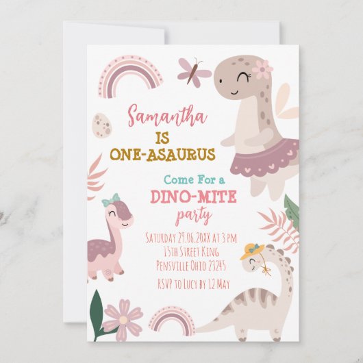 Roze Pastel Schattige Dino Eerste Verjaardag Party Kaart (Voorkant)