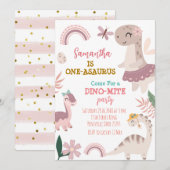 Roze Pastel Schattige Dino Eerste Verjaardag Party Kaart (Voorkant / Achterkant)