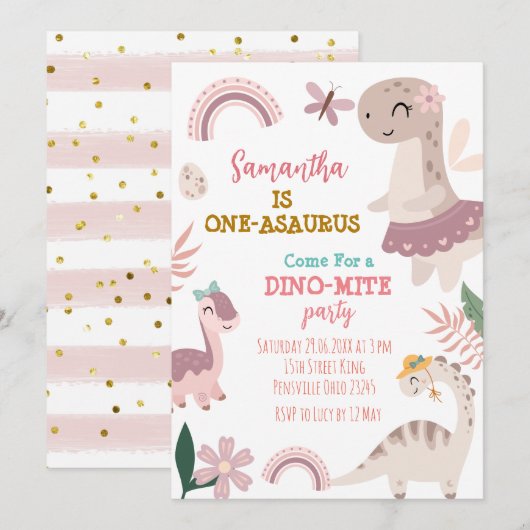 Roze Pastel Schattige Dino Eerste Verjaardag Party Kaart (Voorkant / Achterkant)