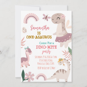 Roze Pastel Schattige Dino Eerste Verjaardag Party Kaart