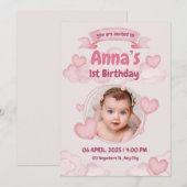 Roze Pastel Schattige Eerste Baby Meisje Verjaarda Kaart (Voorkant / Achterkant)