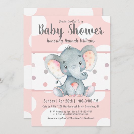 Roze Pastel Stippen Schattigee olifant Baby shower Kaart (Voorkant / Achterkant)