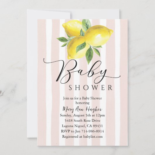 Roze Pastel Stripes Citroen Baby shower Kaart (Voorkant)