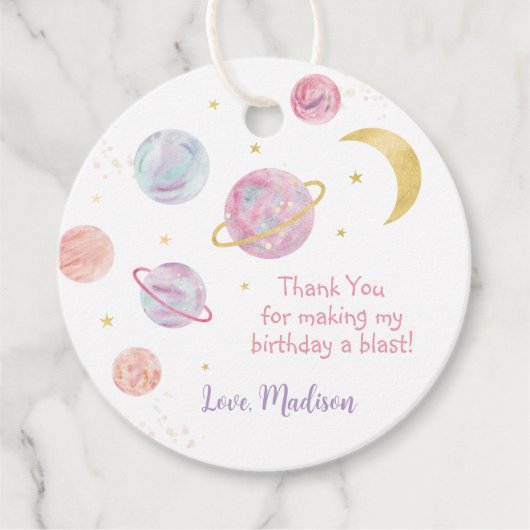 Roze Pastel Twee De Maan Ruimte Verjaardag Bedankjes Labels (Voorkant)