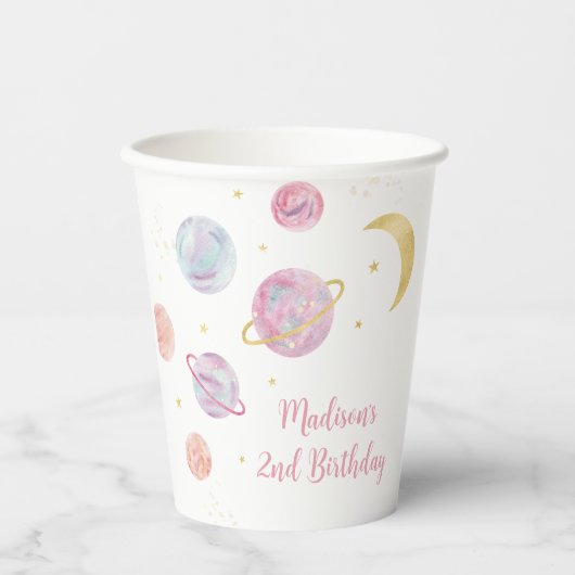 Roze Pastel Twee de Maan Ruimte Verjaardag Papieren Bekers (Voorkant)