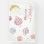 Roze Pastel Twee de Maan Ruimte Verjaardag Spandoek (Verticaal)