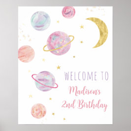 Roze Pastel Twee de Maan Ruimte Verjaardag Welkom Poster